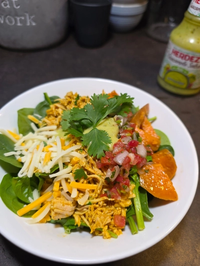 A single chef-prepared bowl — spiced chicken, fresh salsa, avocado, and greens — from a personalized EmpowerX3 meal plan